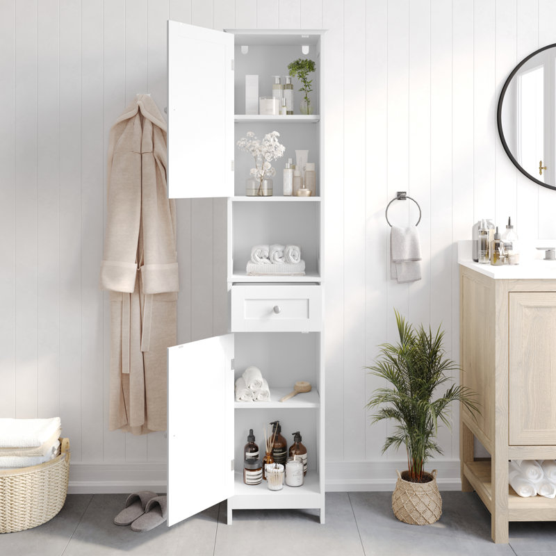 White Engineered Wood Bathroom Linen Tower with Adjustable Shelves