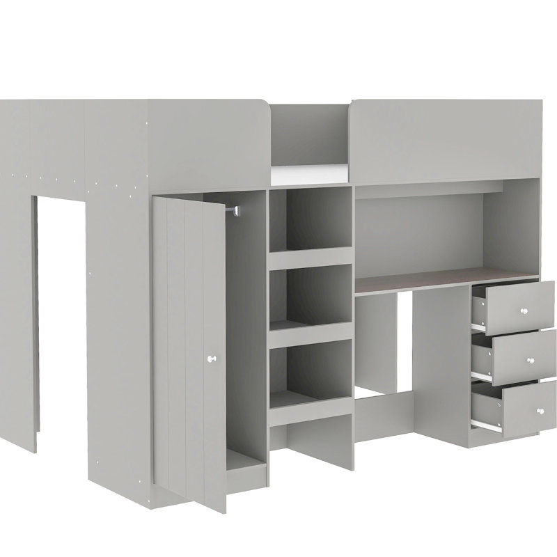 Lit mezzanine double gris avec garde-robe, bureau et rangement intégrés