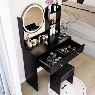 17" Led Vanity Table And Stool , 3 Colors Of Adjustable Brightness Mirror , Built - In 2 Ac + Power Ports, Big Mirror, Touch Switch, Multi Layer Storage, American Design, 31.5 Depth Round With Color