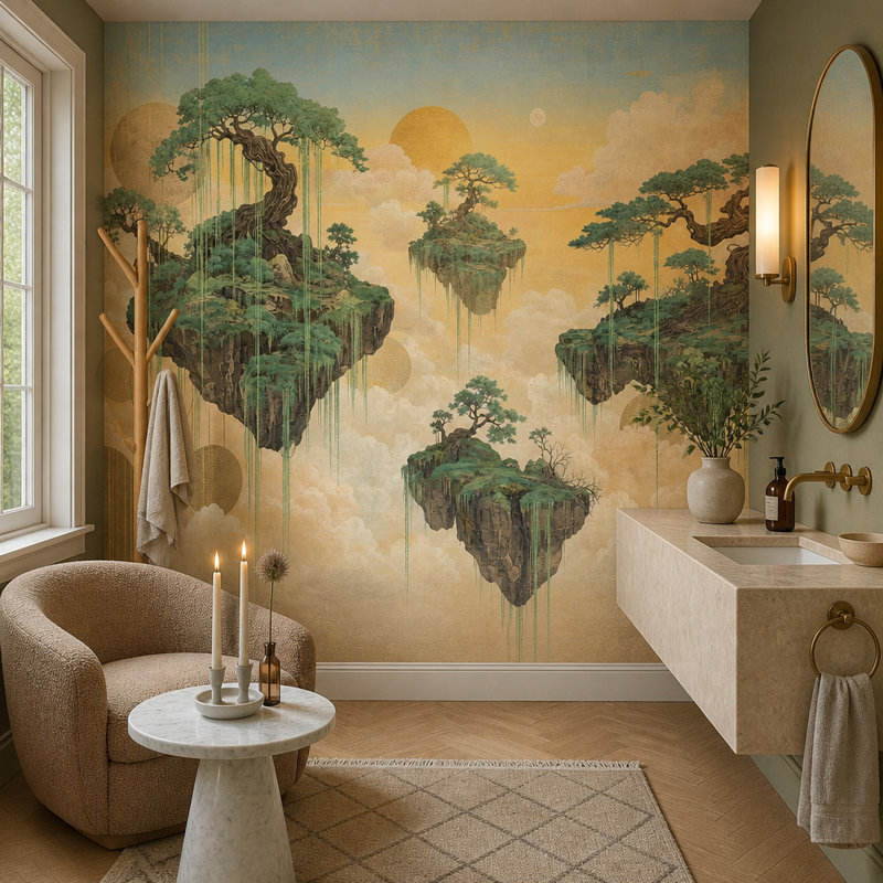 Papier peint îles flottantes, paysage est-asiatique, affiche murale rétro, 140 po x 108 po, Non tissé