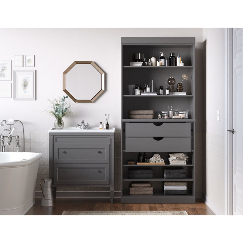 32" 100% Solid Wood Freestanding Bathroom Cabinet with 2 Drawers & Adjustable Shelves – Modern Bathroom Storage, Gray