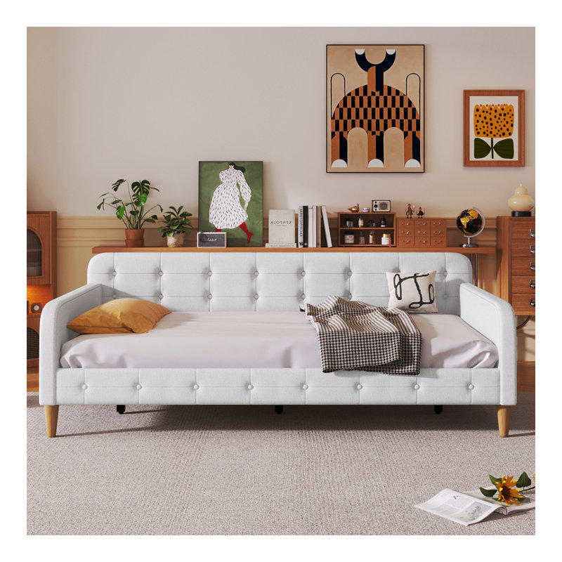 Lit de jour simple rembourré avec 4 pieds de soutien, beige