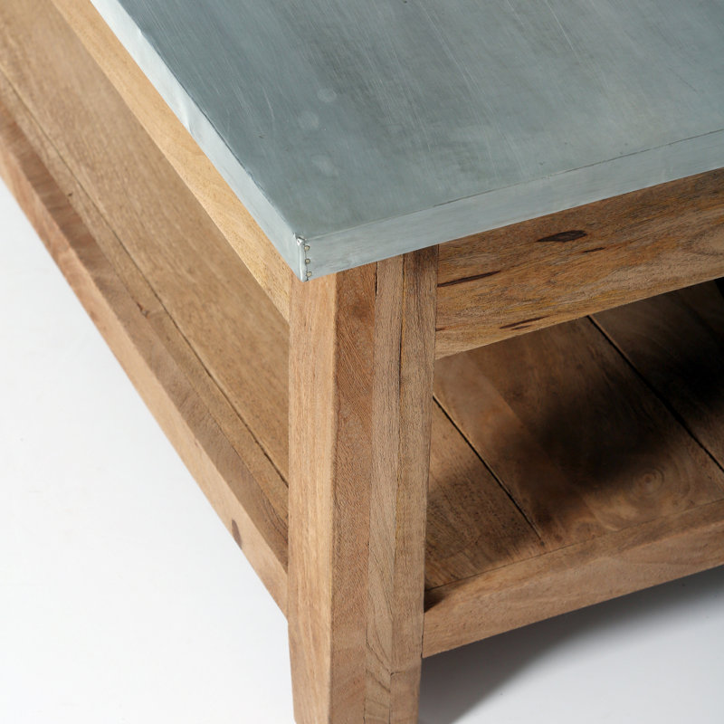 Industrial Rustic Wood and Zinc Metal Coffee Table with Shelf