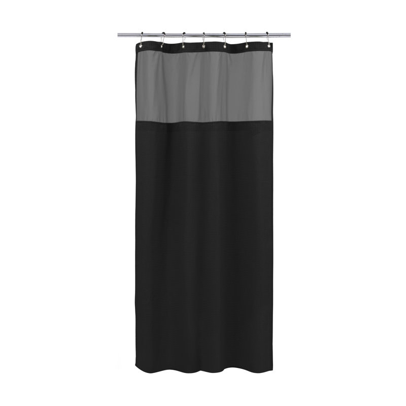 Black and Gray Waffle Weave Shower Curtain with Liner and Hooks