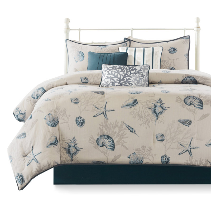 Édredon 7 pièces - bleu pour très grand coton avec imprimé décoratif, Édredon de très grande taille et 6 pièces suppl