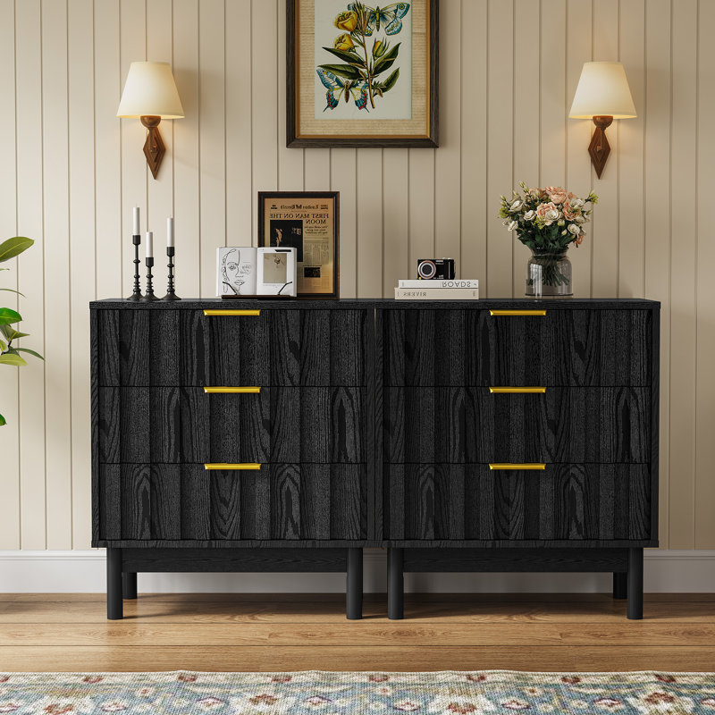 Commode 3 tiroirs avec panneau cannelé, Noir