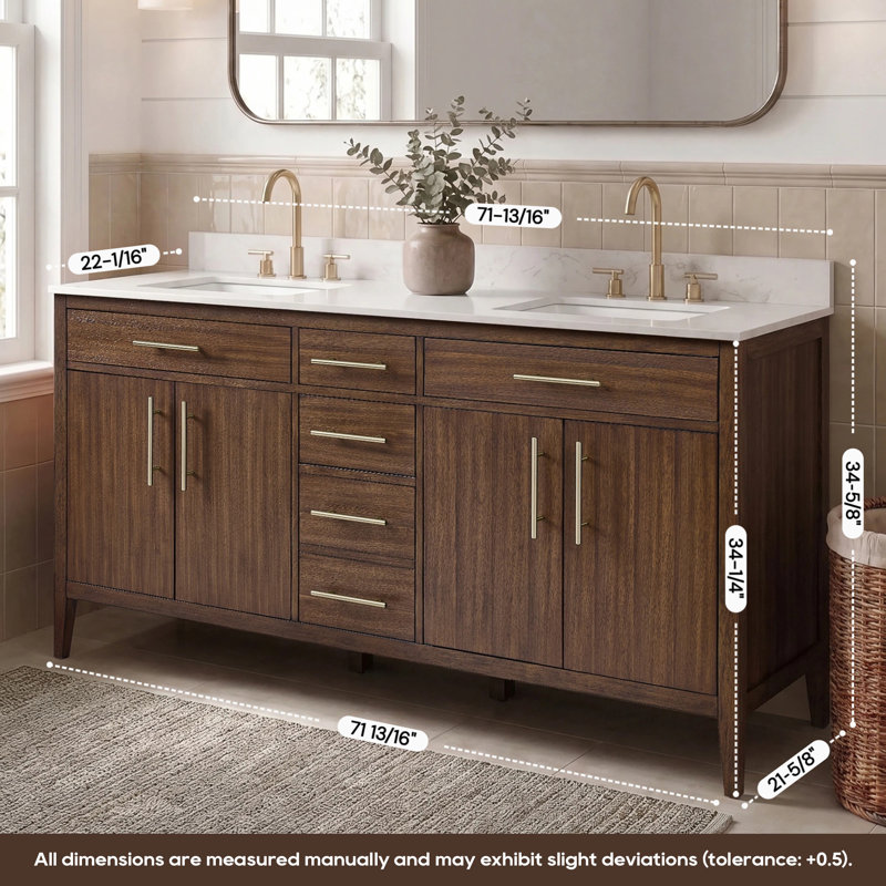 72" Fully Assembled Double Sink Bathroom Vanity with Solid Surface White Granite Top & Backsplash