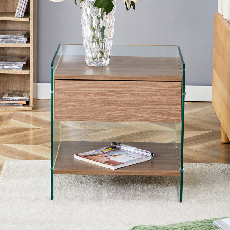 Bedside Table With Drawers.The Board Surface Is MDF With Wood Grain Sticker,And Both Sides Are Transparent Tempered Glass.The Design Is Simple,Elegant, With Excellent Storage Functions.Coffee Table.