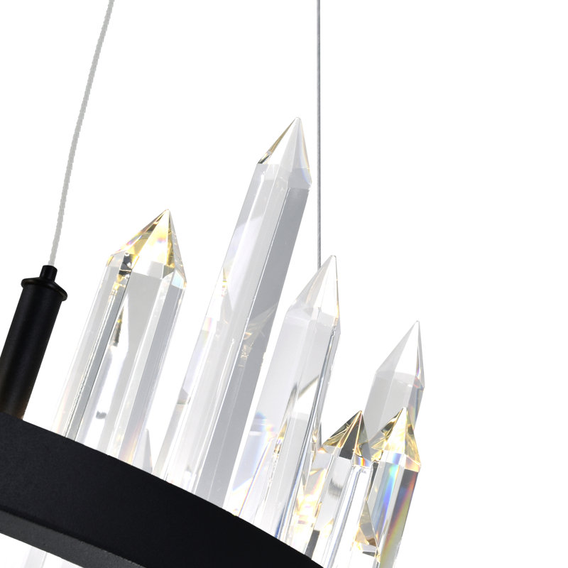 24in Black LED Chandelier with Crystal Prisms – Modern Geometric Flush Mount Ceiling Light Fixture – Integrated LED Lighting for Dining Room, Living Room, or Entryway