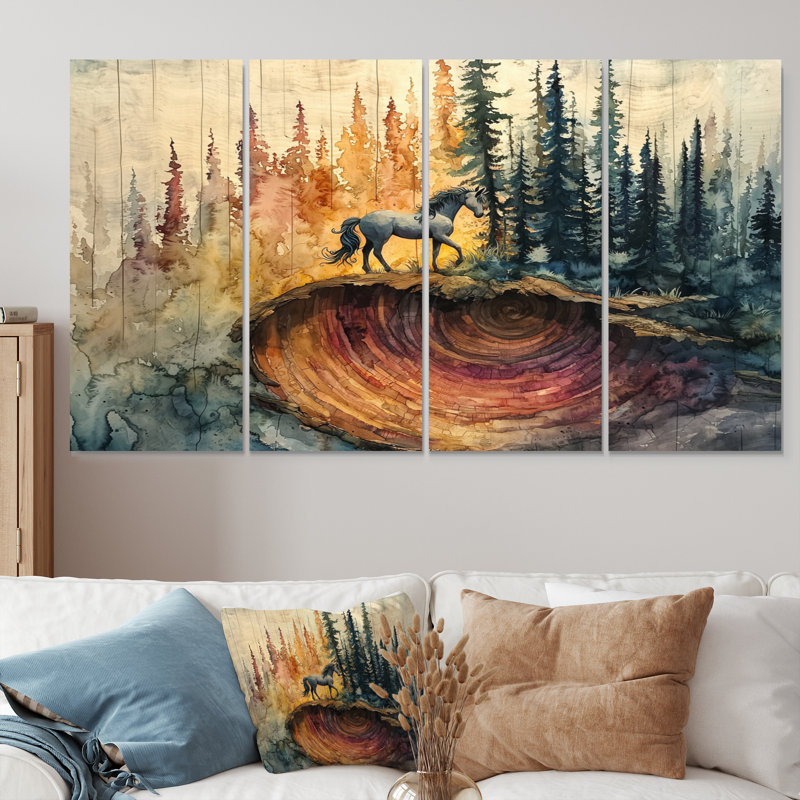 «Unicorns on Cosmic Forest Landscape», art mural de licornes, ensemble de 4 décorations murales modernes, H 32 po x l 64 po