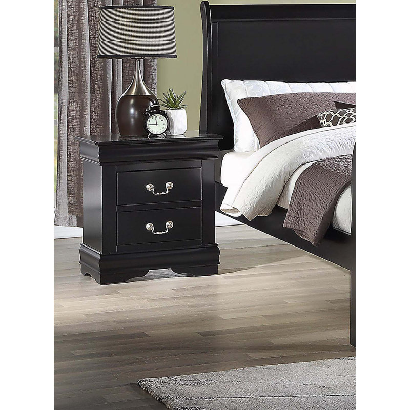 1 table de chevet Louis Philip à deux tiroirs avec finition noire et bois massif, Noir