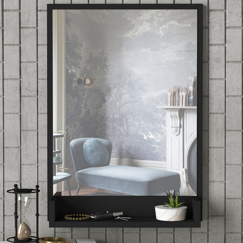 Miroir décoratif moderne avec fixation murale, finition noire, 17,7 po x 29,5 po | 100% panneau de particules enduit de mélamine, épaisseur: 0,7 pouce | Comprend une tablette (14,9 po x 4,7 po) pour un rangement et une présentation élégants