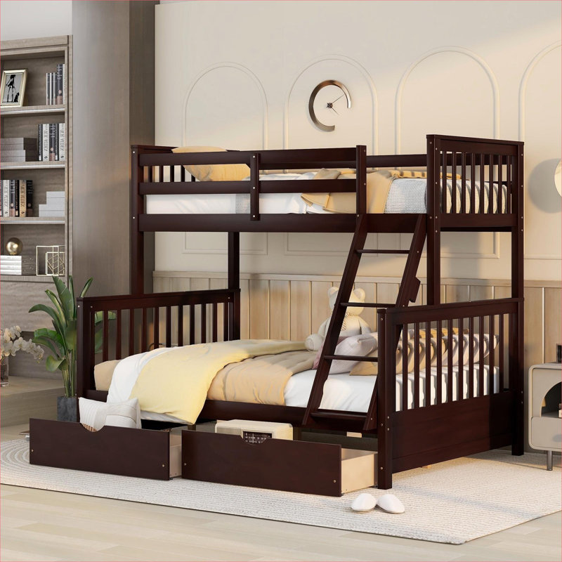 Platform Bunk Bed Twin-over-Full Sleeper with Under-Bed Storage Drawers, Solid Wood, Brown Finish
