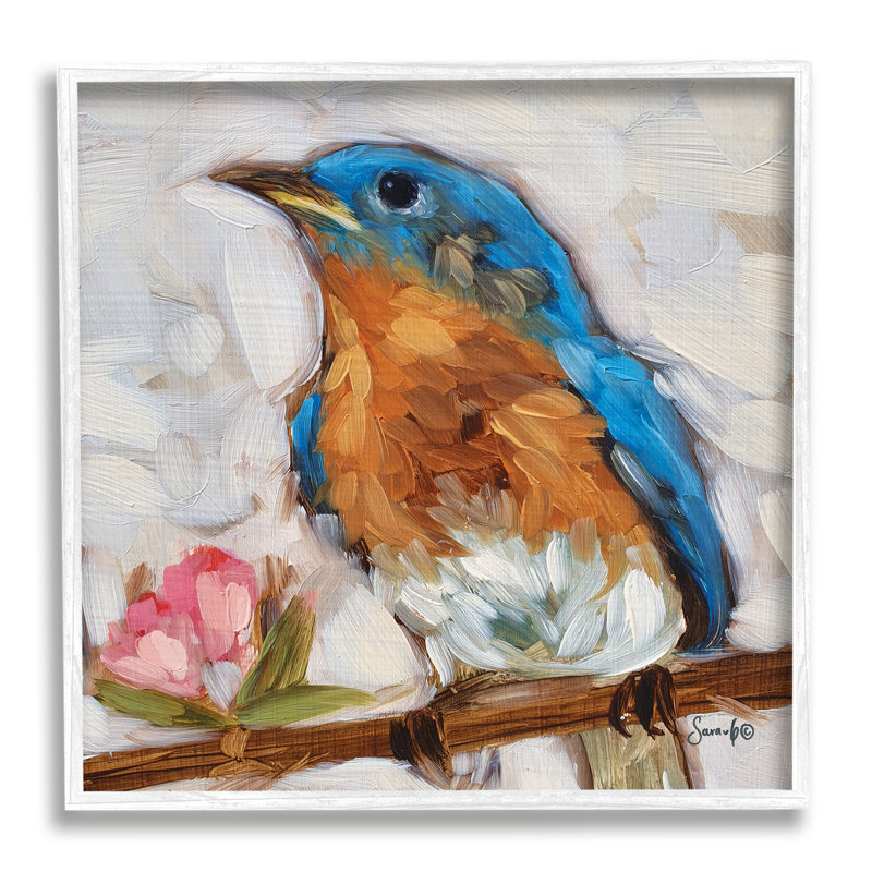 Oiseau bleu en fleurs - peinture, H 24 po x l 24 po x P 1,5 po, Giclée encadrée blanc bord de mer