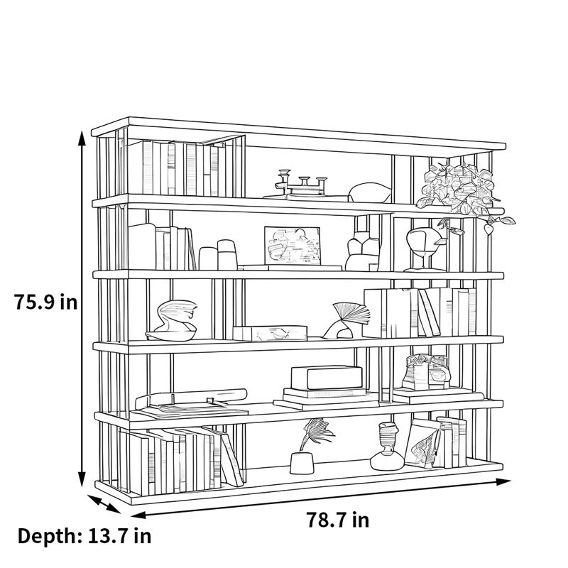 Classic storage-style bookcase, (5 Shelves) 75.9"H x 78.7"W x 13.7"D, Burlywood/Black