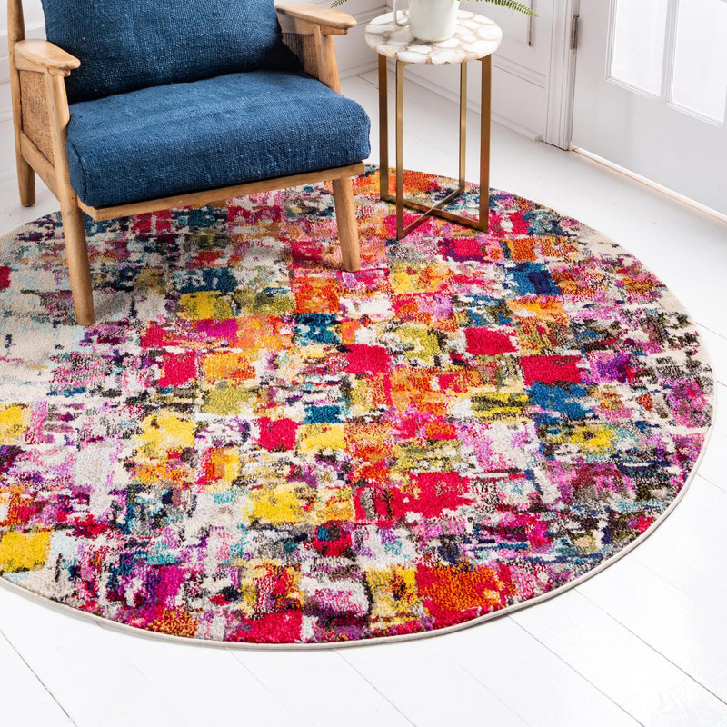 Tapis abstrait rouge / jaune / bleu Rizer, Rond 6 pi 1 po