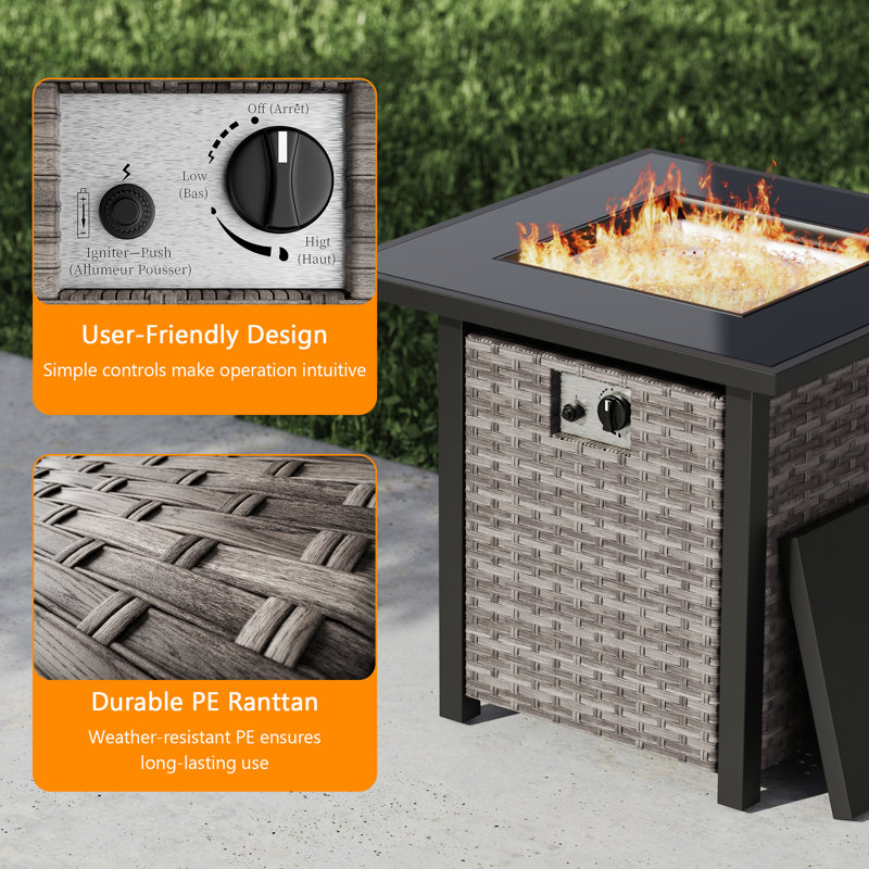 45 Inch 50,000 BTU Rectangular Wicker Fire Pit Table Propane Gas Fire Pit Table for Outside Patio, 25" H x 27.8" W x 27.8" D
