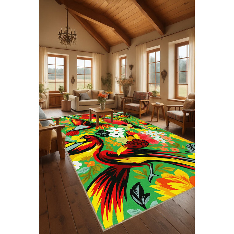 Tapis noir tissé à motif floral lavable Mosso, 4'11" x 7'7"