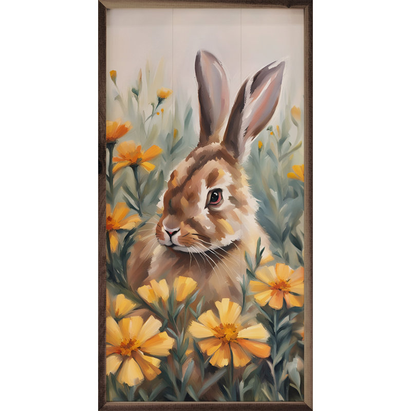 Lapin dans un champ de soucis, H 24 po x l 12 po