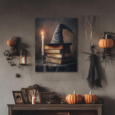 P&L Art Halloween Canvas Wall Decor, Books Witch Hat And Candle Canvas Prints Wall Fall Autumn Halloween Poster Framed Pictures Print Canvas Wall for Bedroom 11x14inch