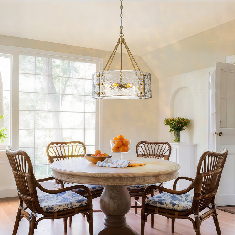 5-light Dimmable Drum Chandeliers With Textured Glass , Gold