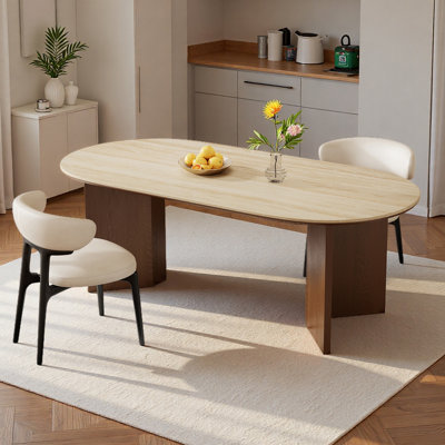 71'' Modern Oval Dining Table with Double Brown Wood Legs Seats 4-6, Beige Stone and Quality Wood Top Dining Table Kitchen Table