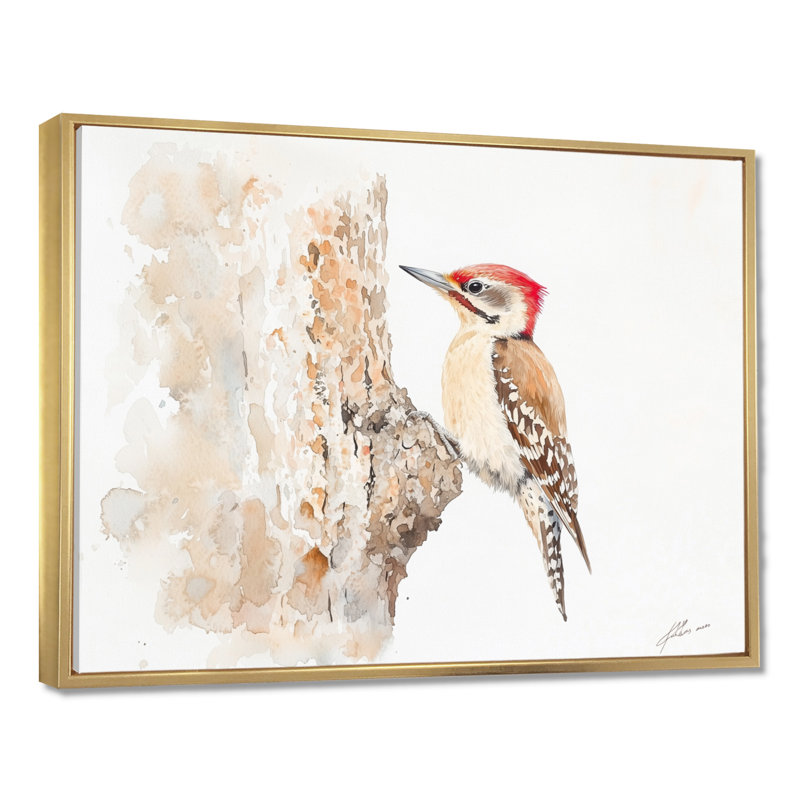 Woodpecker On Tree II - Bird Canvas Print, Floater Framed Print, 16" H x 32" W, Gold