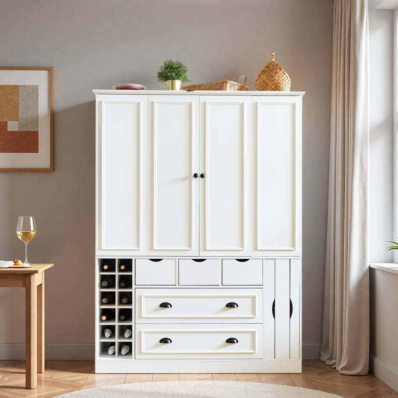 Grand garde-manger de ferme avec 4 portes pliables, prise de courant, tablettes, supports à vin et plateaux de service, Blanc