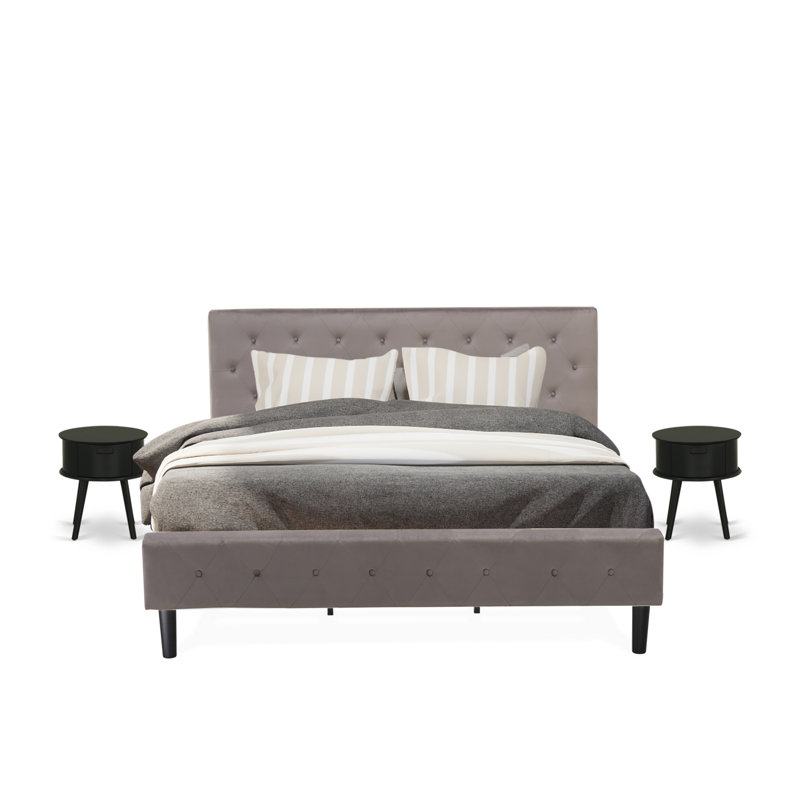 Ensemble de lit pour très grand lit 3 pièces - Structure de lit capitonnée moderne - Tête de lit tapissier en velours taupe brun et table de chevet à finition noire