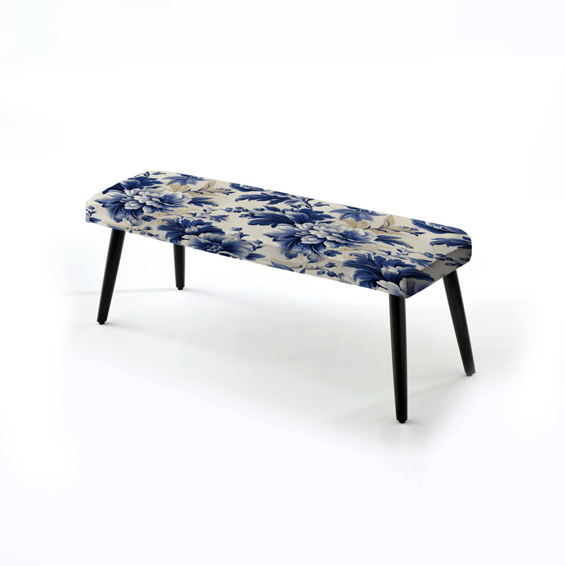 Regal Cobalt Blue Damask Ii Victorian Pattern VI - Floral Upholstered Black Bench