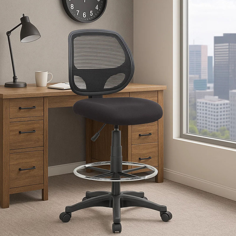 Tabouret de bureau pivotant Lem, repose-pieds chromé, dossier en filet noir, roulement