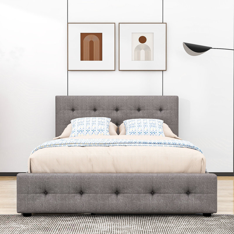 Vangelica Queen 2 Drawers Upholstered Platform Bed with Twin XL Size Trundle, Light Gray
