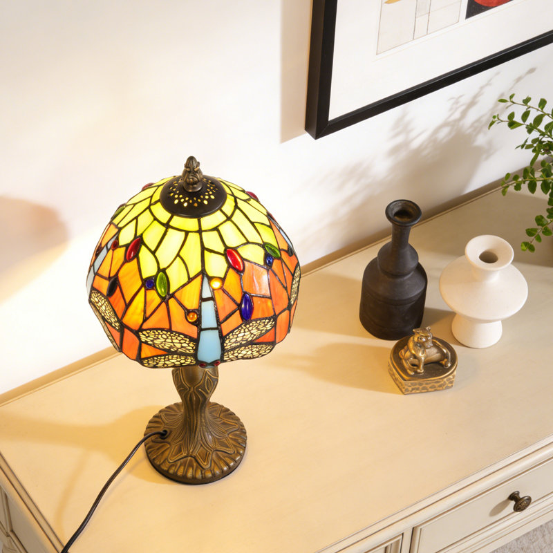 Vintage Tiffany Dragonfly Table Lamp, Stained Glass Shade & Antique Bronze Resin Base, E26 Warm Light Bulb Included