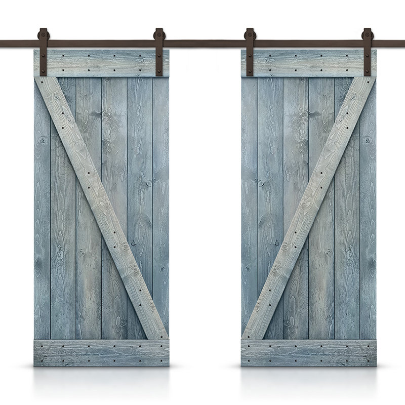 Porte de grange en bois massif lambrissé et métal, 56 po x 84 po, Bleu denim