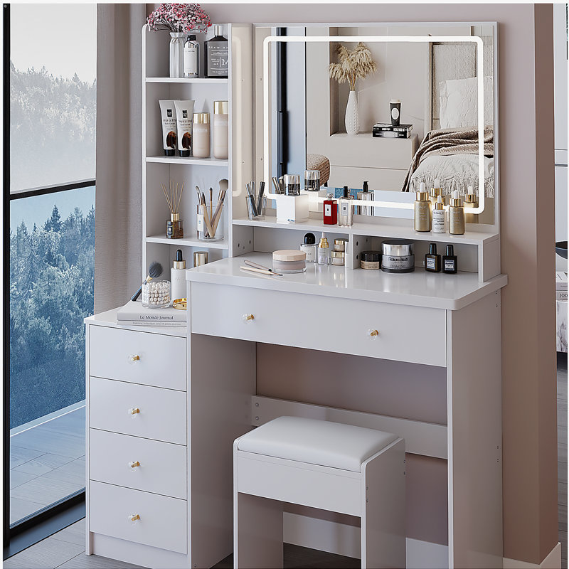 41" Large Size Left Bedside Cabinet Vanity Table+Cushioned Stool, Extra Large Touch Control LED Mirror, 3-color Switch, Multi Layer High Capacity Storage Fashionable Dresser, Suitable For Large Space