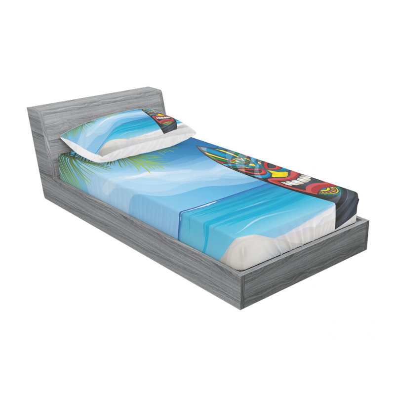 Ensemble de draps tiki warrior mask surfboardon ocean, Ensemble de draps pour lit simple avec drap-housse