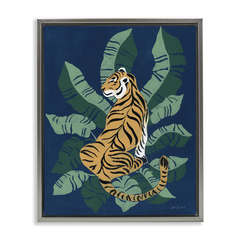 Tigre assis sur des palmiers, art mural sur toile flottante par Yvette St. Amant, Cadre flottant gris lustré