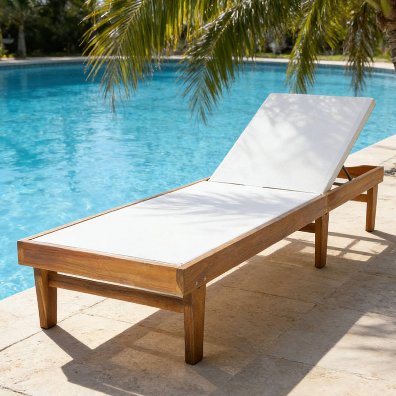 Summerland White Mesh Outdoor Chaise Lounge With Adjustable Back, White, Teak