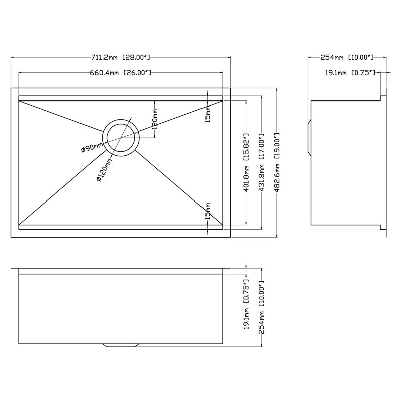 Single Bowl Stainless Steel Kitchen Sink, Brushed, 16, 10" H x 19" W x 28" L