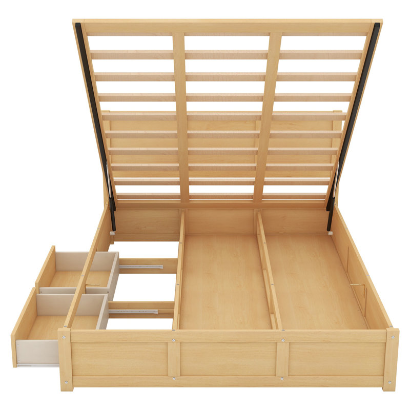 Natural Queen Size Wood Platform Bed with Underbed Storage Drawers, No Box Spring Needed, Queen