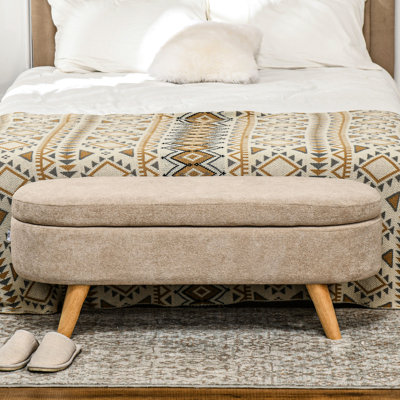 Banc de rangement rembourré et rembourré en polaire beige de 43,3 po avec rangement caché, pieds en bois