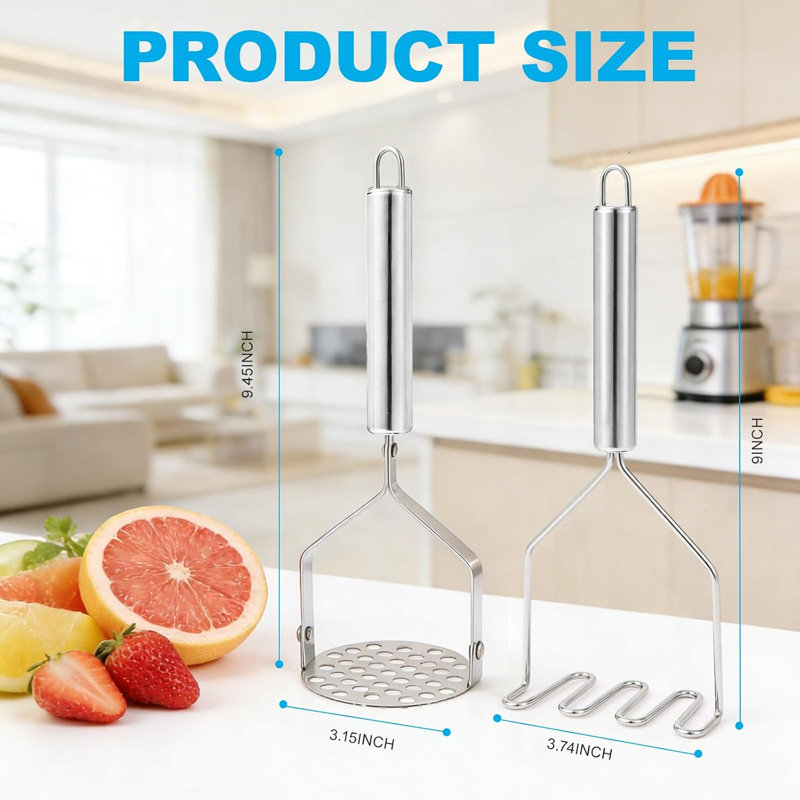 2Pcs Stainless Steel Potato & Meat Masher Set, Soft Grip Handle, Mashes Potato, Beef, Beans & Avocado, Dishwasher Safe