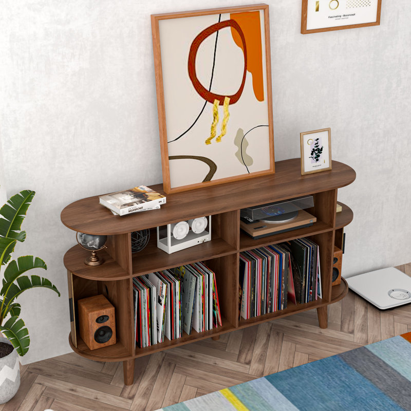 Large Mid-Century Record Player Stand with Sliding Doors
