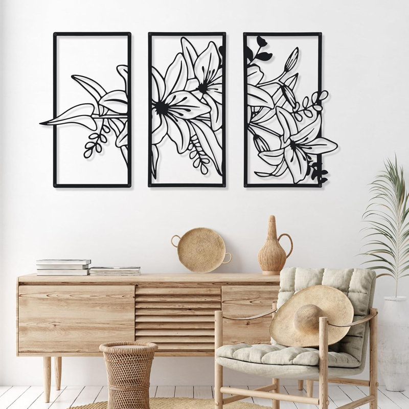 Red Barrel Studio® 3 Pcs Black Metal Wall Art Minimalist Wall Decor for Bedroom Flowers Decor Hanging Flower Bathroom Art Flower... 