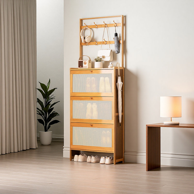 Shoe Cabinet With 3 Rattan Flip Drawers, Bamboo Shoe Storage Cabinet With Coat Hooks, Freestanding Shoe Cabinet Storage For Entryway, Hallway, Closet, Living Room