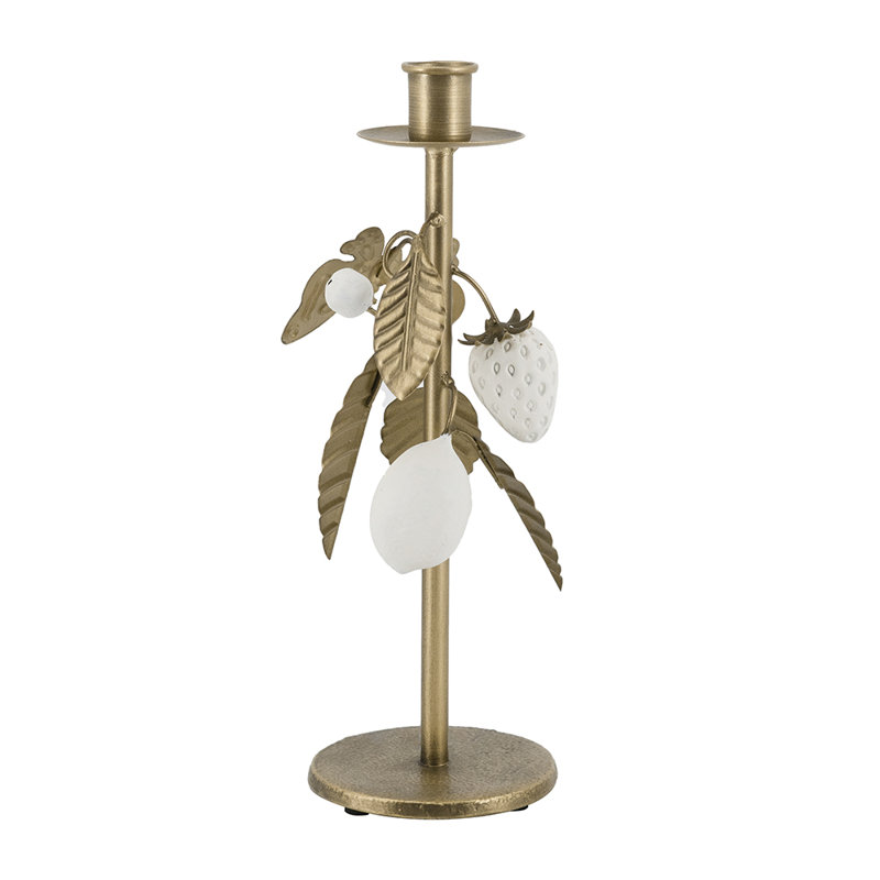 4.5X4.5X10" Decorative Gold And White Candle Holder With Sculpted Leaf Accents, 10.2" H x 4.3" W x 4.3" D