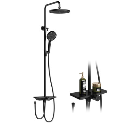 Rainfall Shower System with 25cm Round Overhead Shower Head, Adjustable Stainless Steel Column & Shelf – No Faucet Required