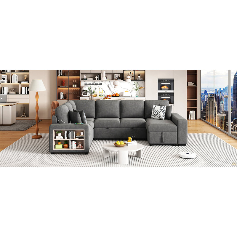 Canapé-lit modulaire en forme de U de 109 po avec deux ports USB, une méridienne de rangement et quatre coussins de dossier