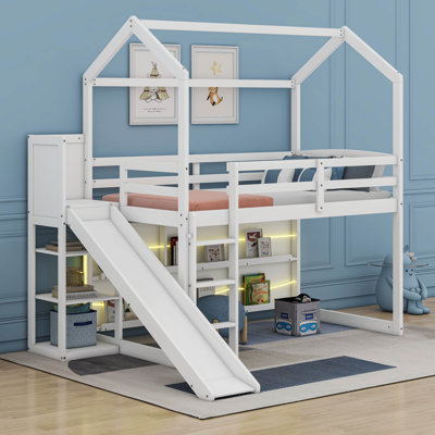 Twin Size Wood House Loft bed with Slide, Storage shelves and Light