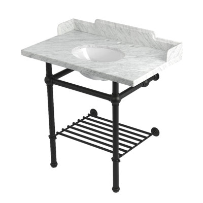 Kingston Brass Pemberton 36-Inch Carrara Marble Console Sink with Brass Legs and Shelf (8-Inch, 3-Hole)